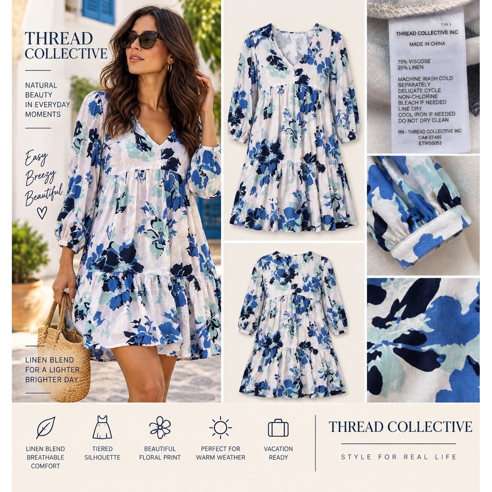 Thread Collective Dress Womens Blue White Floral Linen Blend Tiered Babydoll
